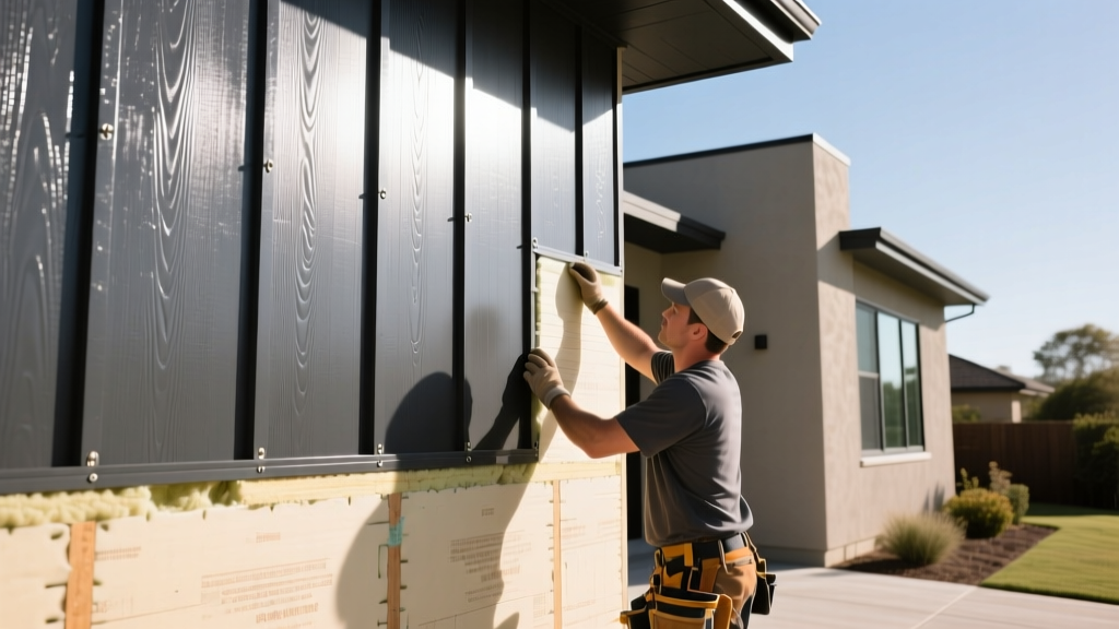 Contractor installing thick insulated vinyl siding panels over continuous rigid foam insulation on a modern home exterior wall