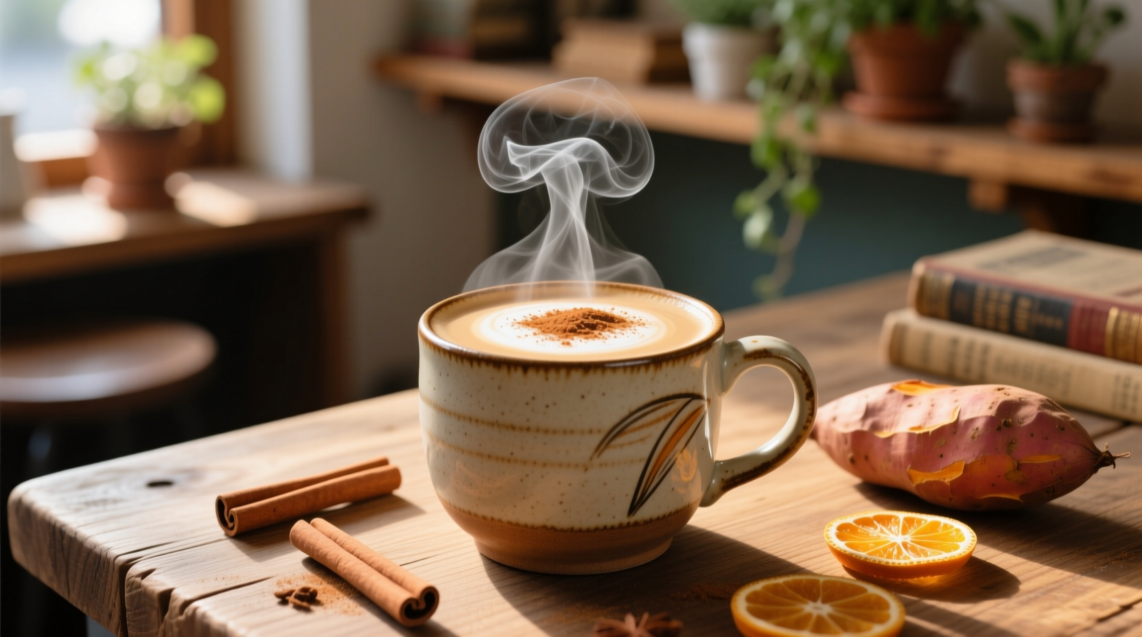 Steaming sweet potato latte in ceramic mug with cinnamon garnish