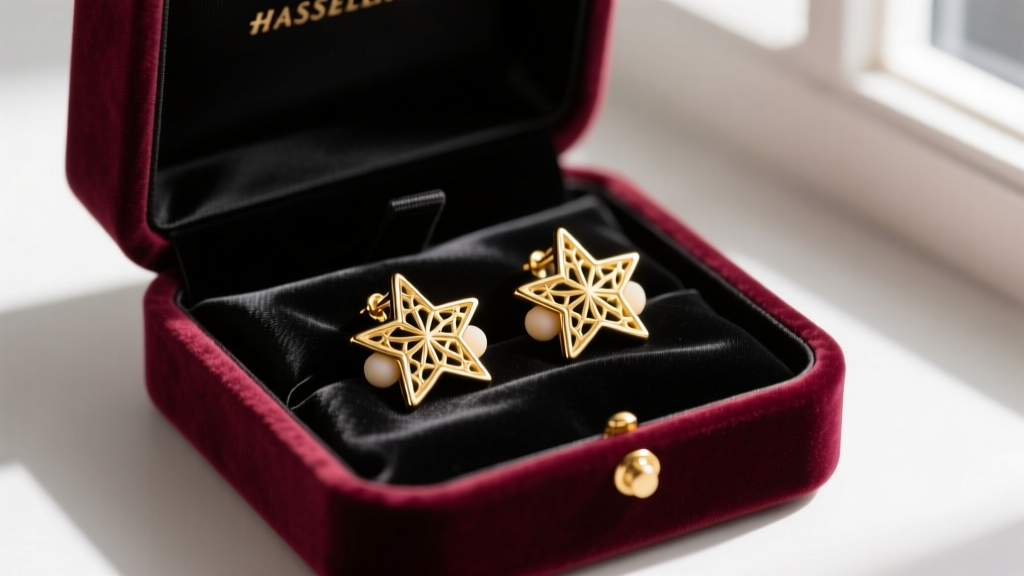 Open velvet gift box revealing gold vermeil star clip on earrings with silicone pad mechanisms resting on dark satin fabric