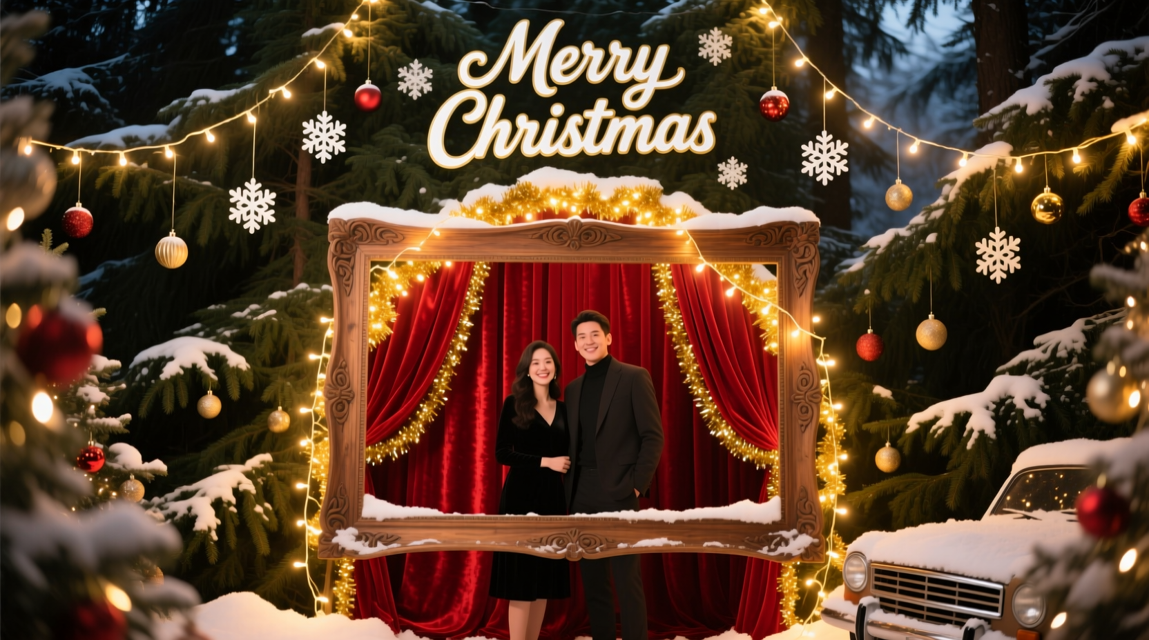 how to set up a christmas themed photo booth using string lights and backdrops