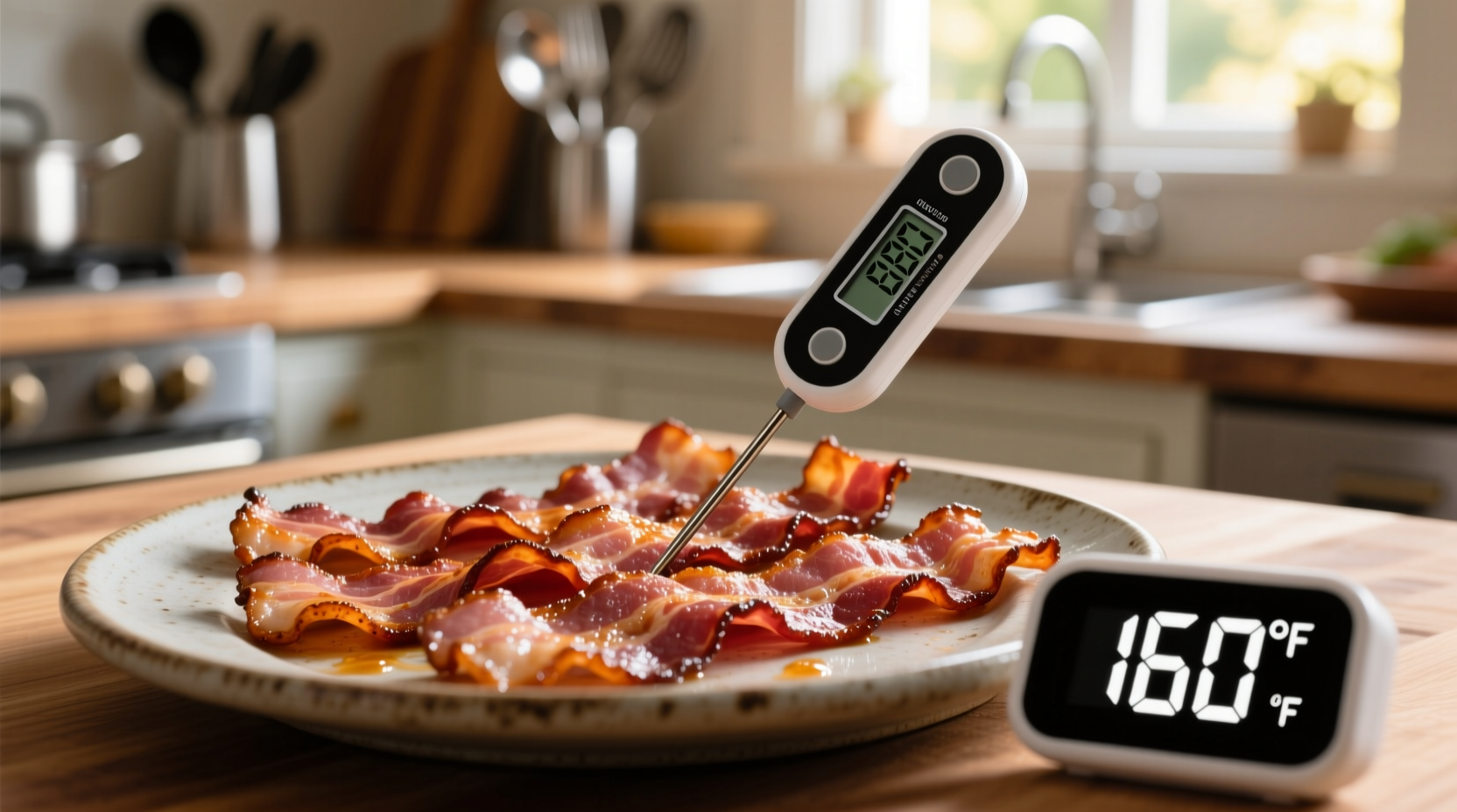 Cooked bacon on plate with food thermometer showing safe temperature