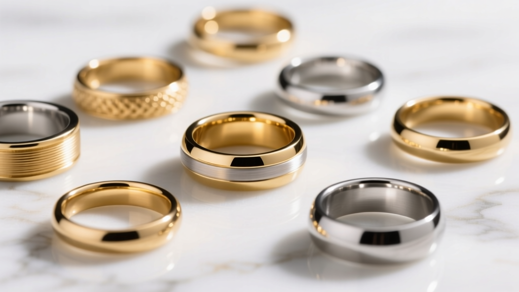 Close-up of gold-plated brass and 316L stainless steel rings scattered on a sleek marble surface under bright, soft studio lighting