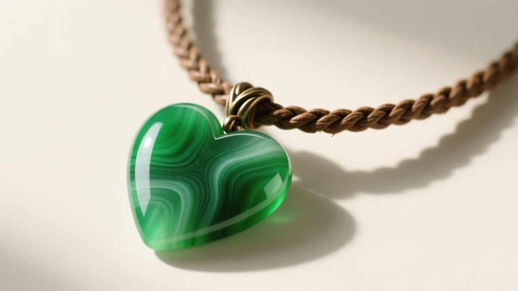 Macro shot of a replica Heart of Te Fiti necklace carved from bright green serpentine stone on a thick braided leather cord.