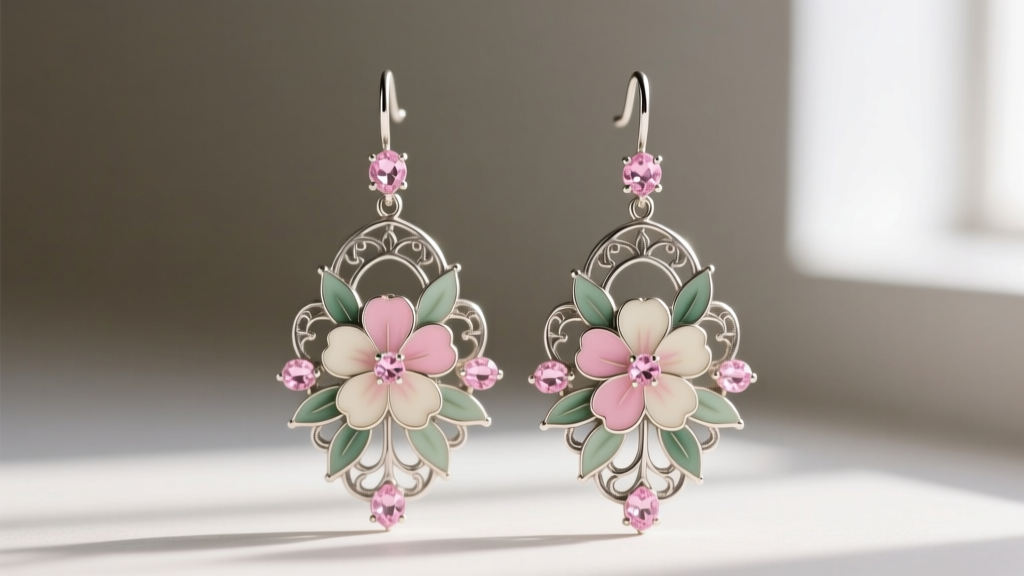 Close-up of ornate Michal Negrin drop earrings with oxidized silver plating, hand-painted floral enamel, and pale pink crystals.