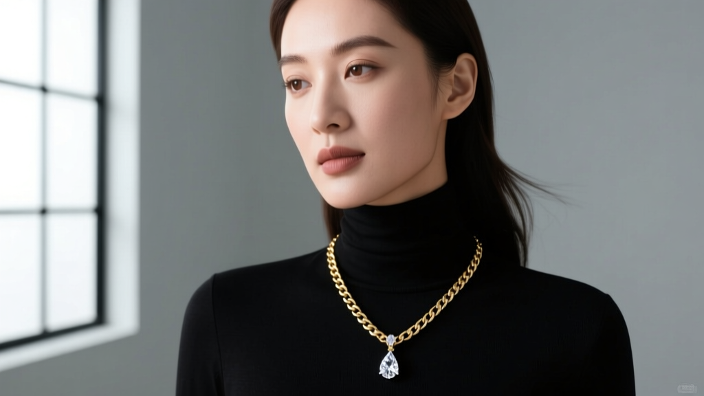Elegant woman wearing a 30-inch 14k gold box chain with a teardrop diamond pendant over a black turtleneck, soft studio portrait.