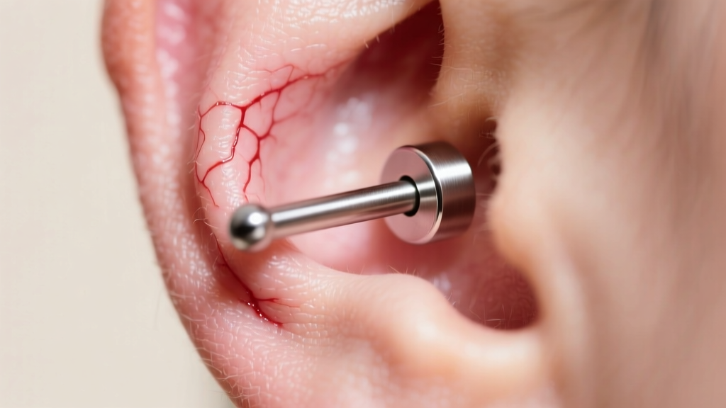 Macro shot of a freshly pierced earlobe with a flush-fitting implant-grade titanium labret stud under soft, warm studio lighting