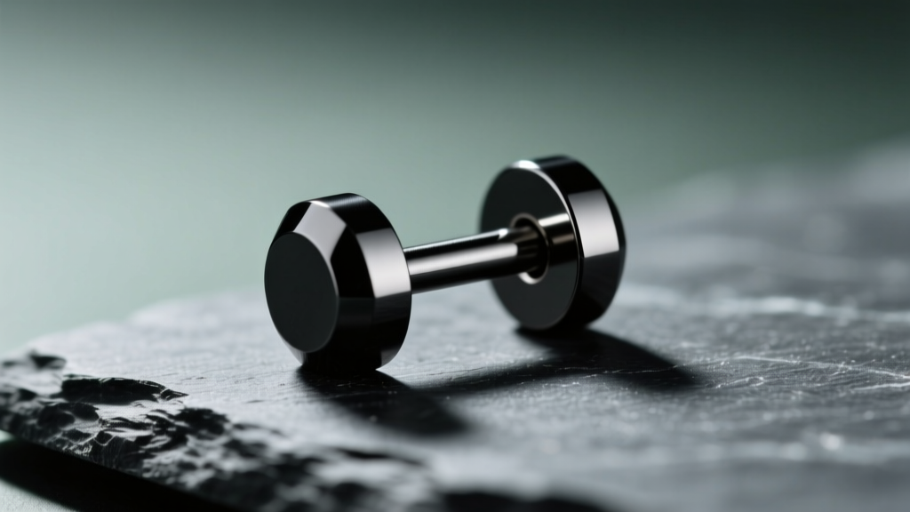Macro shot of a matte black PVD-coated titanium 14-gauge barbell earring resting on dark slate with dramatic side lighting.