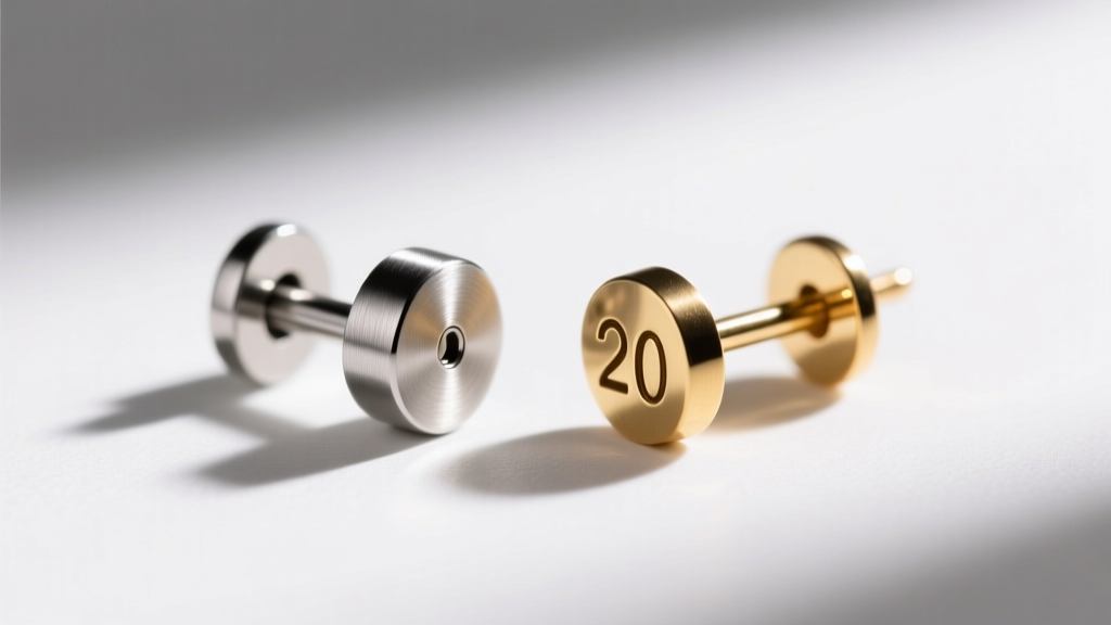 Macro photography of a 16-gauge titanium earring post next to a 20-gauge brass post, highlighting thickness for heavy jewelry.