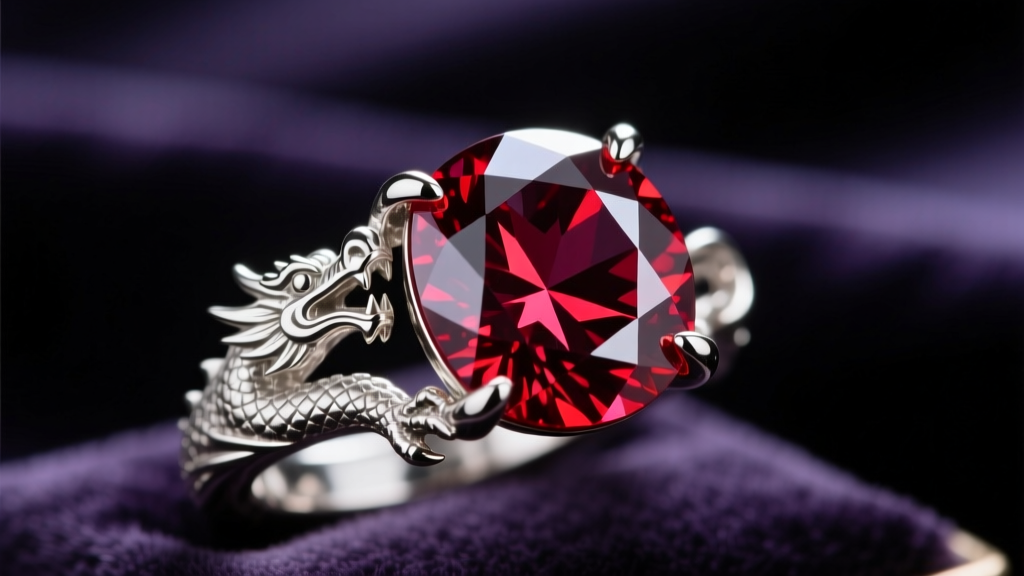 Macro shot of a faceted red spinel secured in a sterling silver dragon claw prong setting against a blurred dark velvet background