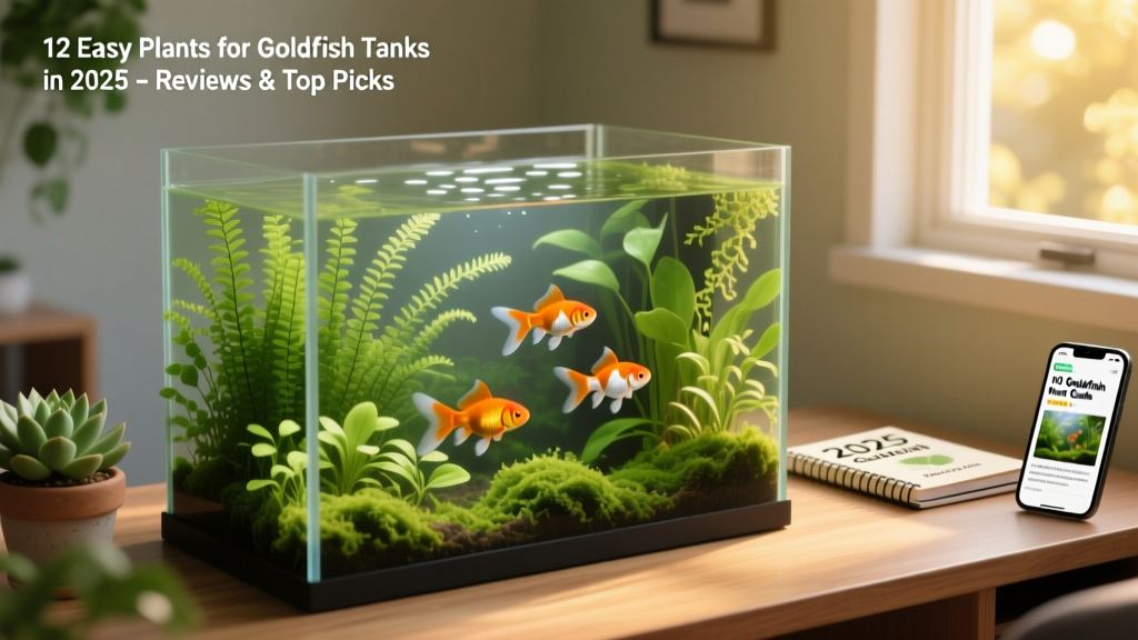 A well-planted goldfish tank with lush greenery and active fish swimming among stems and leaves