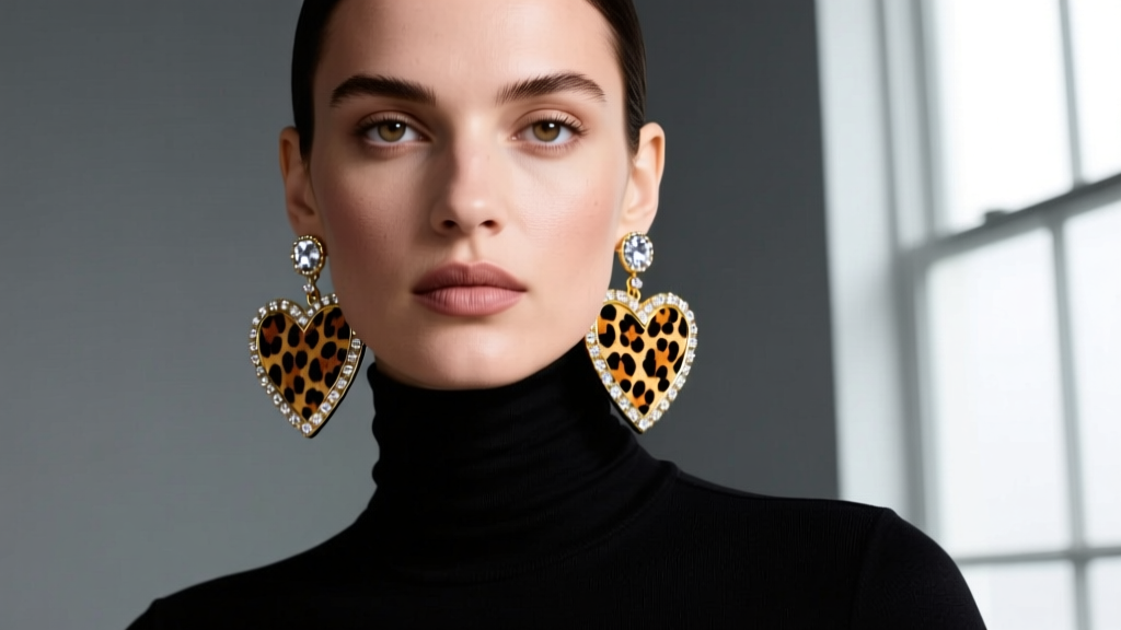 Model in a dark turtleneck wearing Betsey Johnson leopard heart drop earrings, showing how the bold jewelry frames the jawline.