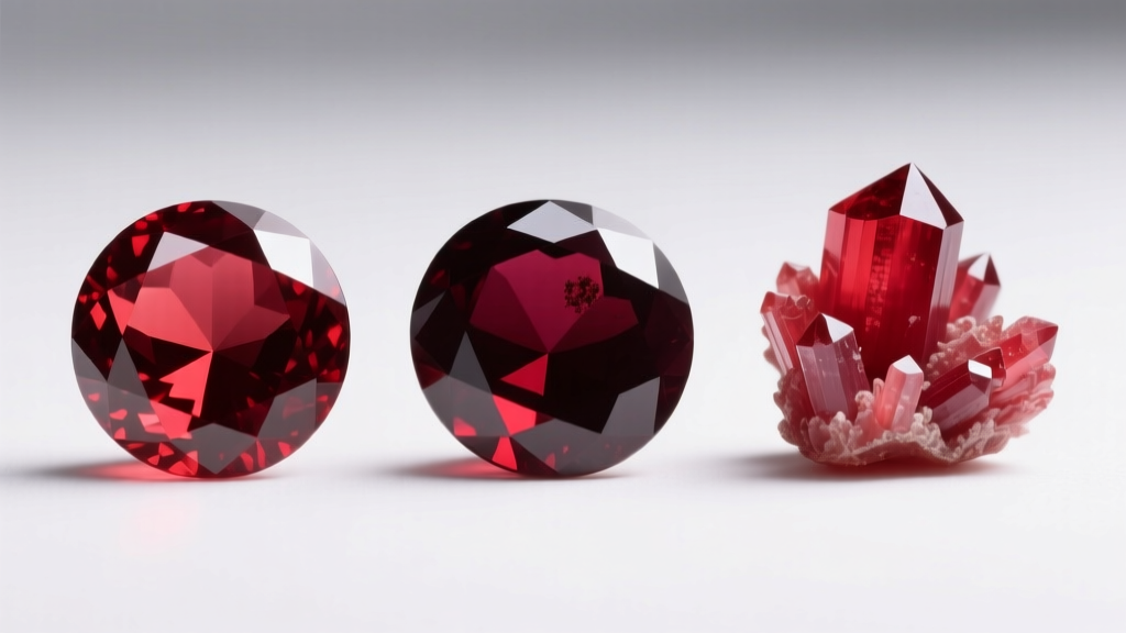 Three red garnets side-by-side showing varying clarity and color depth under bright professional gemological lighting setups.