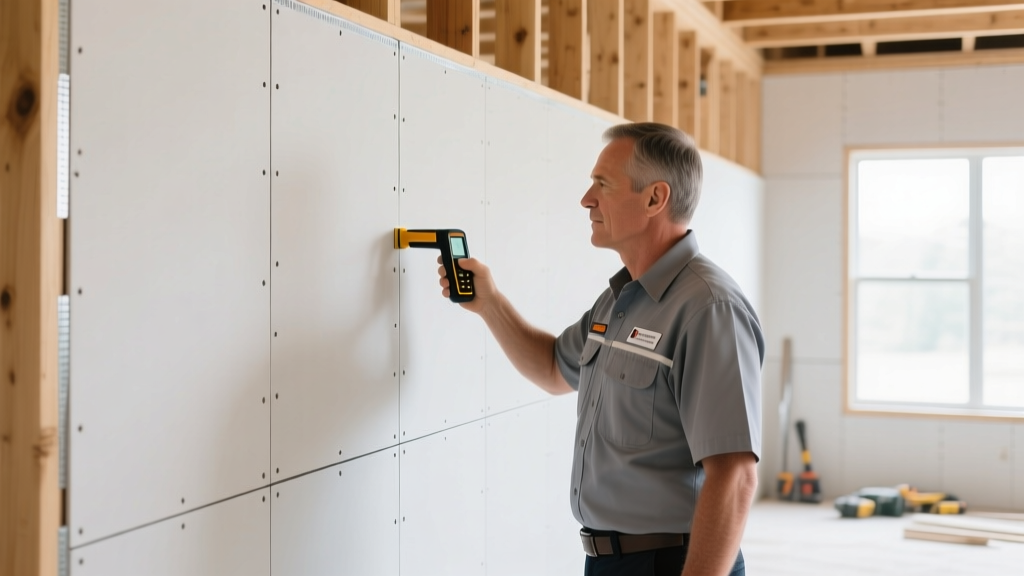 Building inspector using a stud finder and reviewing IBC code compliance on a modern Type X fire-rated gypsum board wall installation