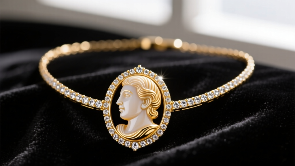 Close-up of a vintage Avon gold-tone cameo necklace with a carved shell profile and rhinestone accents on dark velvet