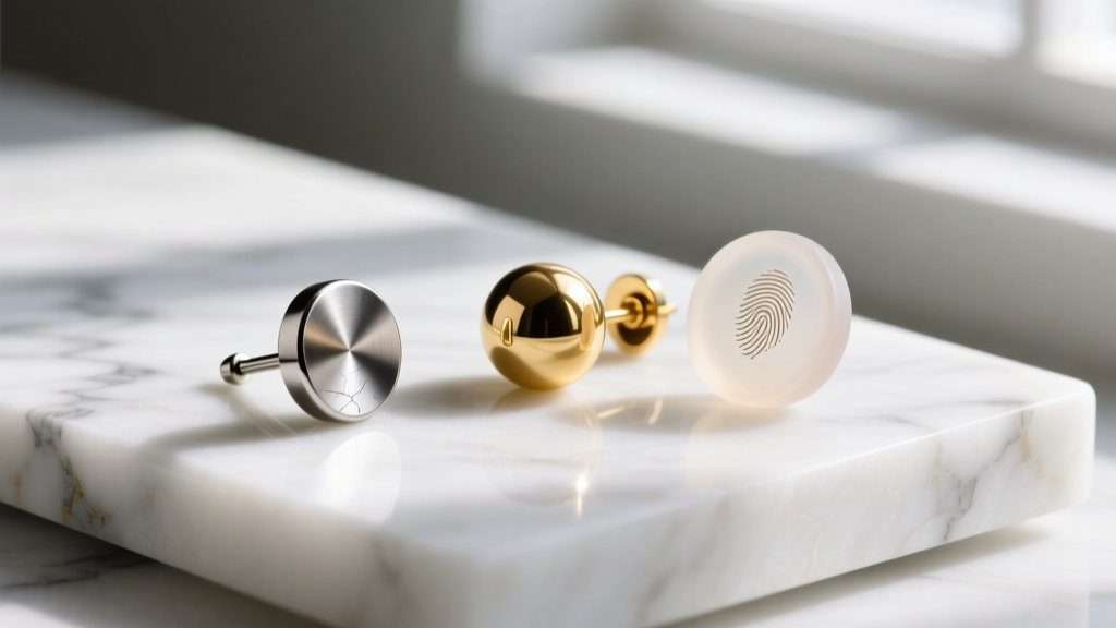 Macro shot of a titanium flat-back stud, a 14k gold ball, and a silicone earring backing resting on a clean white marble slab.