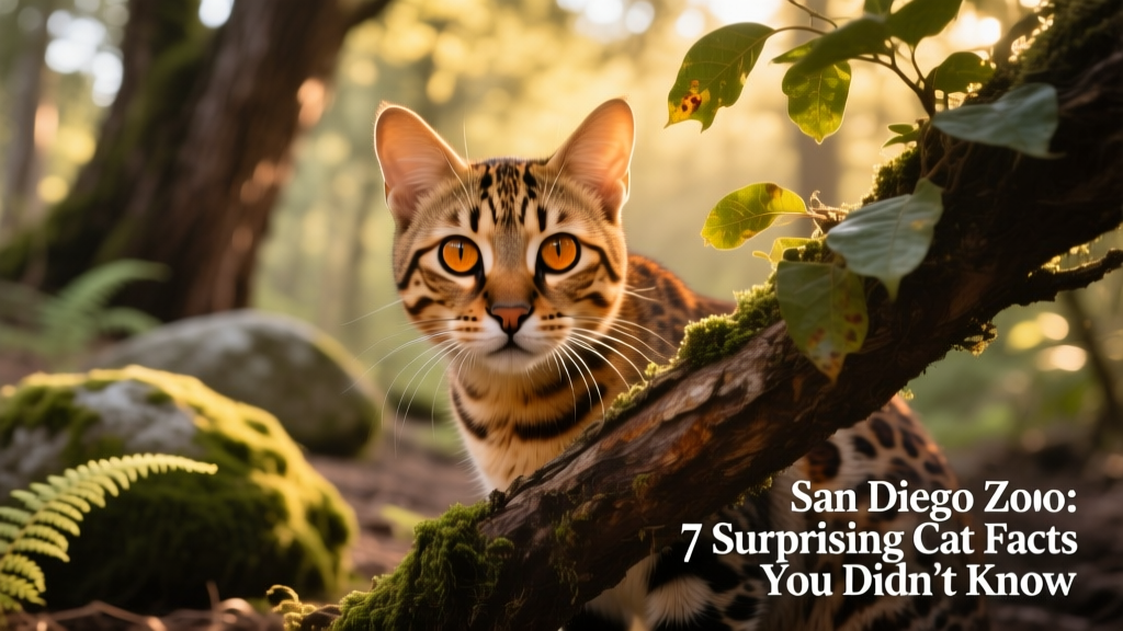 A rusty-spotted cat peering out from behind a leafy branch in dappled forest light