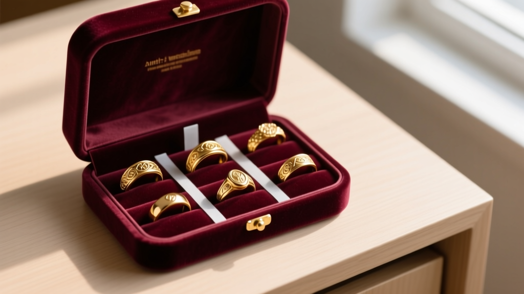 Open velvet jewelry box with gold plated rings and anti-tarnish strips, shot top-down on a wooden desk in soft diffused lighting.