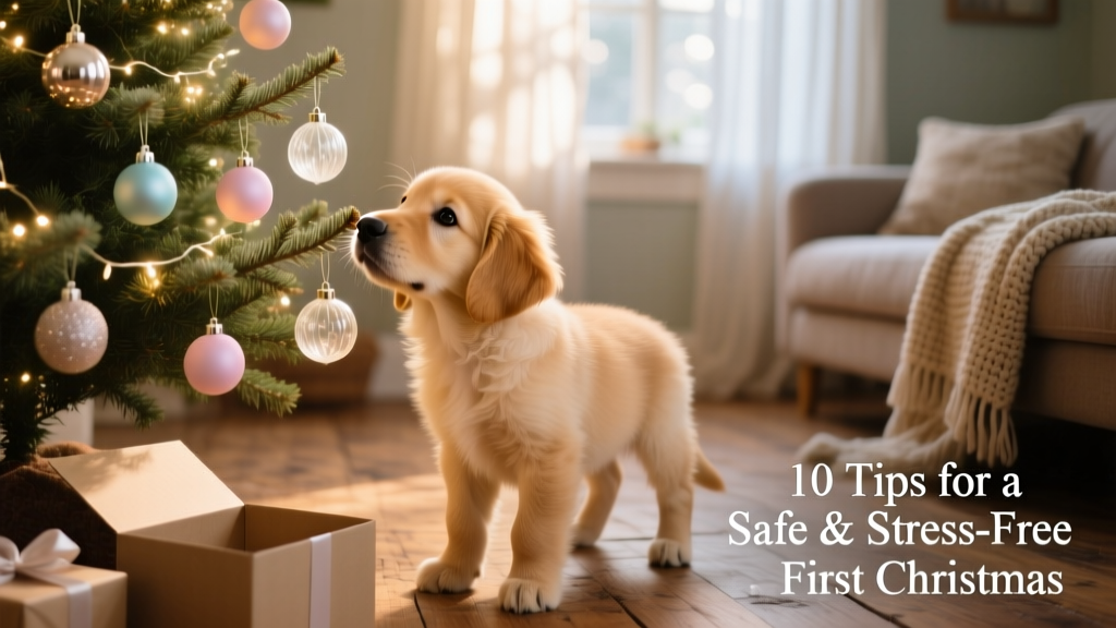 A curious golden retriever puppy gently sniffing a decorated Christmas tree with soft lights and pet-safe ornaments
