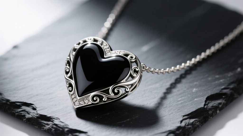 Close-up of a silver-plated heart Brighton necklace on dark slate, highlighting intricate scrollwork and glossy black enamel