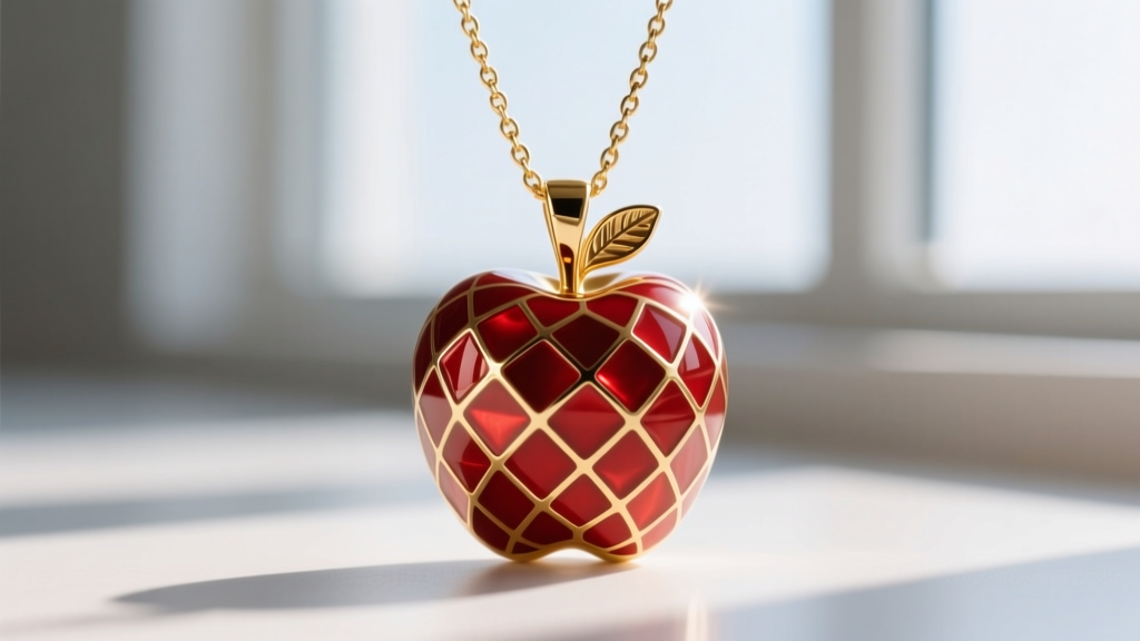 Red guilloche enamel gold apple pendant on a 14k chain showing translucent geometric patterns under bright natural window light.