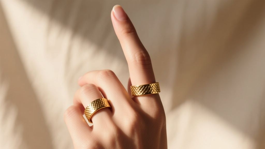 Styled hand featuring an index finger eye ring paired with two thin hammered gold stacking bands in warm natural sunlight.