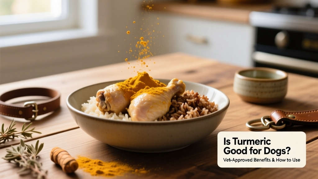 Golden turmeric powder sprinkled over a bowl of plain cooked chicken and brown rice for a dog meal