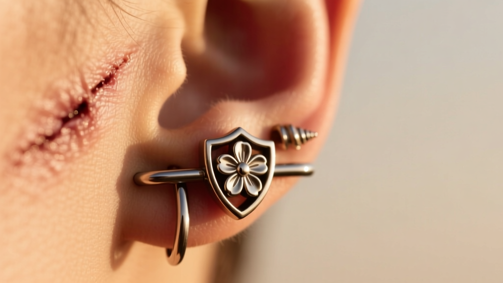 Profile of a healed 12g titanium conch piercing with a floral shield, showing thick wire against warm skin tones in soft light