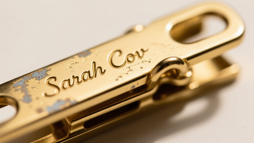 Macro shot of the Sarah Cov hallmark stamped on a gold-plated clip mechanism, showing slight patina and metallic wear details.