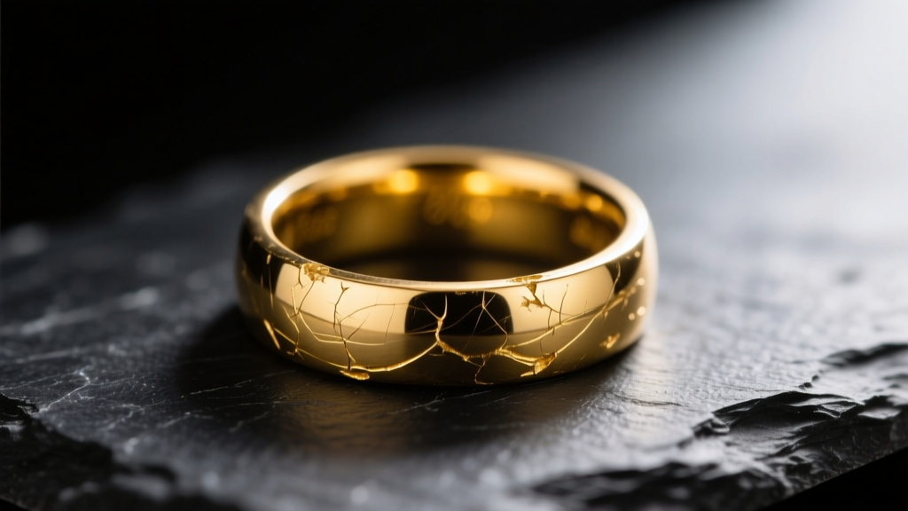 Macro shot of a heavily scratched 24k yellow gold wedding band on dark slate, highlighting deep scuffs and soft metal wear