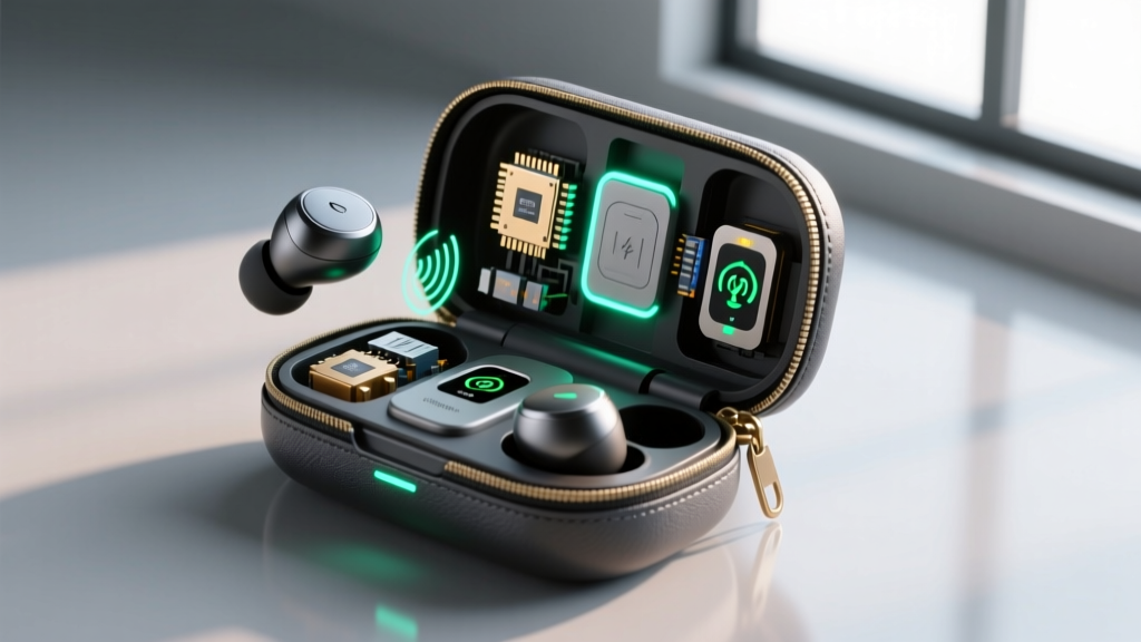Exploded 3D render of a TWS charging pouch for gadget audio showing internal UV-C LED modules and ultra-wideband antenna placement