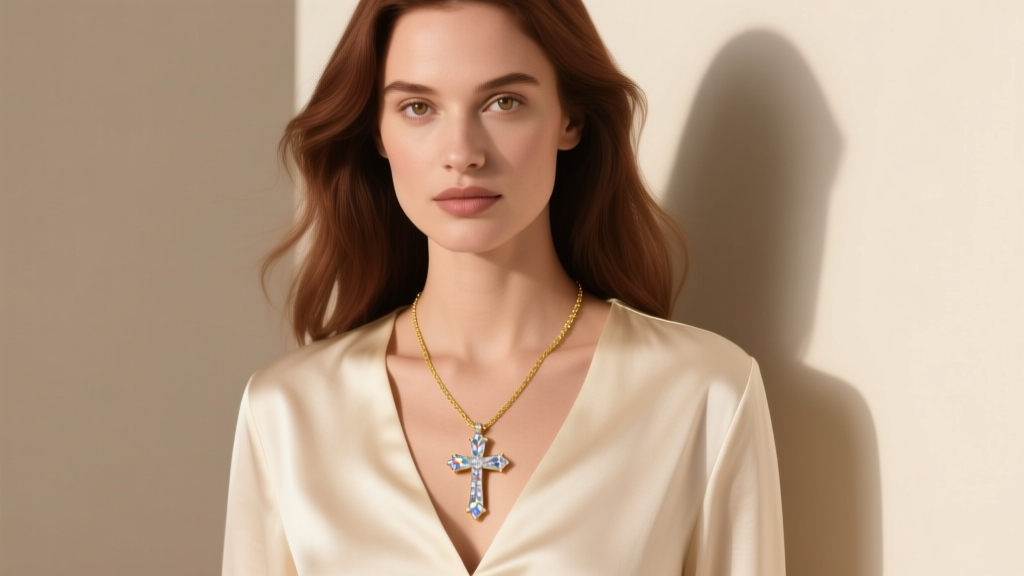 A woman wearing a layered 18-inch moissanite cross necklace with a delicate gold chain, softly lit against a cream silk blouse
