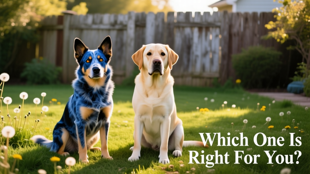 A vibrant Blue Heeler and a calm Labrador Retriever sitting side by side in a sunlit backyard