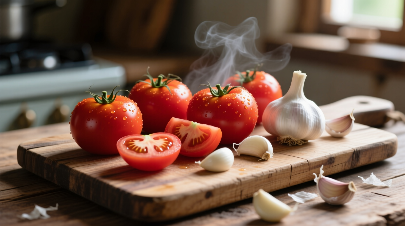 Fresh tomatoes and garlic cloves on wooden cutting board