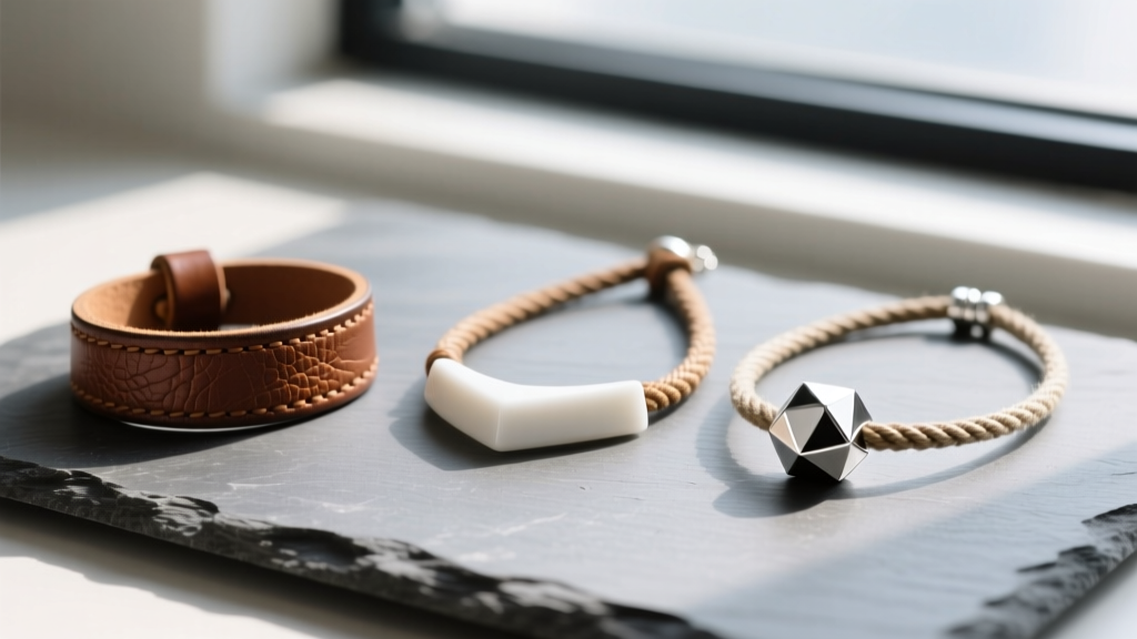 Flat lay of three Anakin necklace replicas showing genuine leather, waxed cotton, and a 925 sterling silver geometric bead on slate.