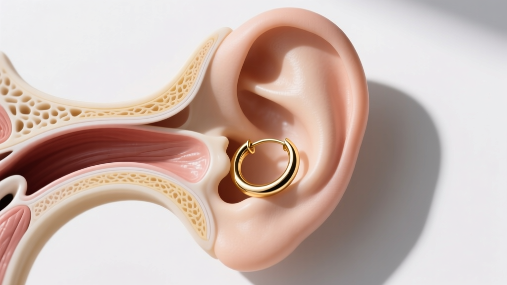 Anatomical photo of the ear cartilage highlighting the inner and outer conch zones, adorned with delicate seamless gold hoops