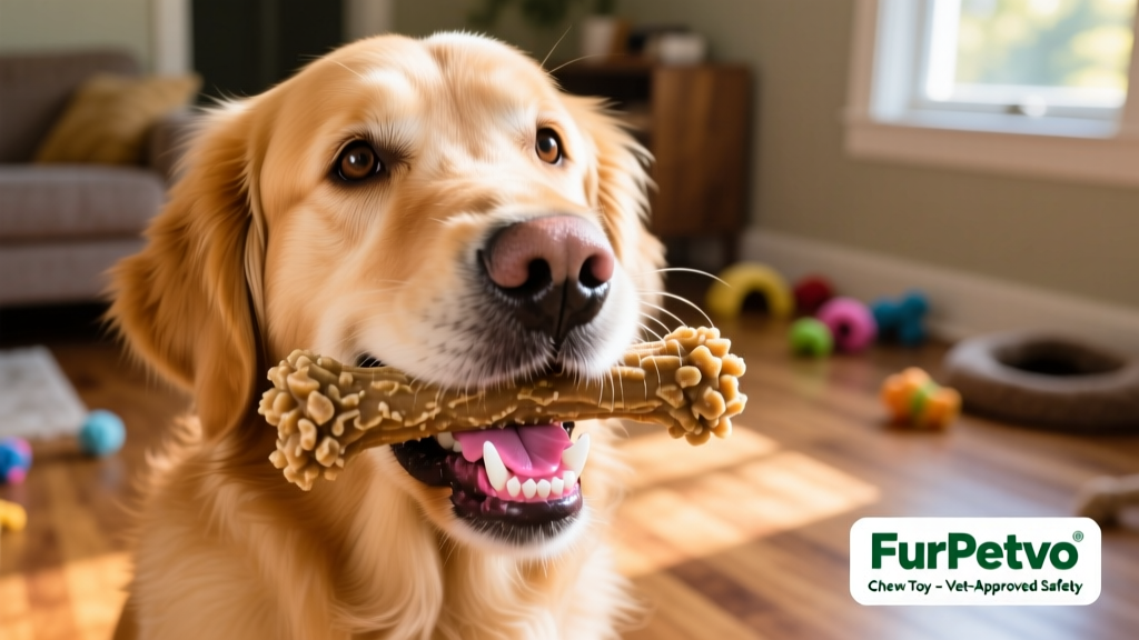 Close-up of a dog chewing on a FurPetVo chew toy, showing healthy teeth and gums