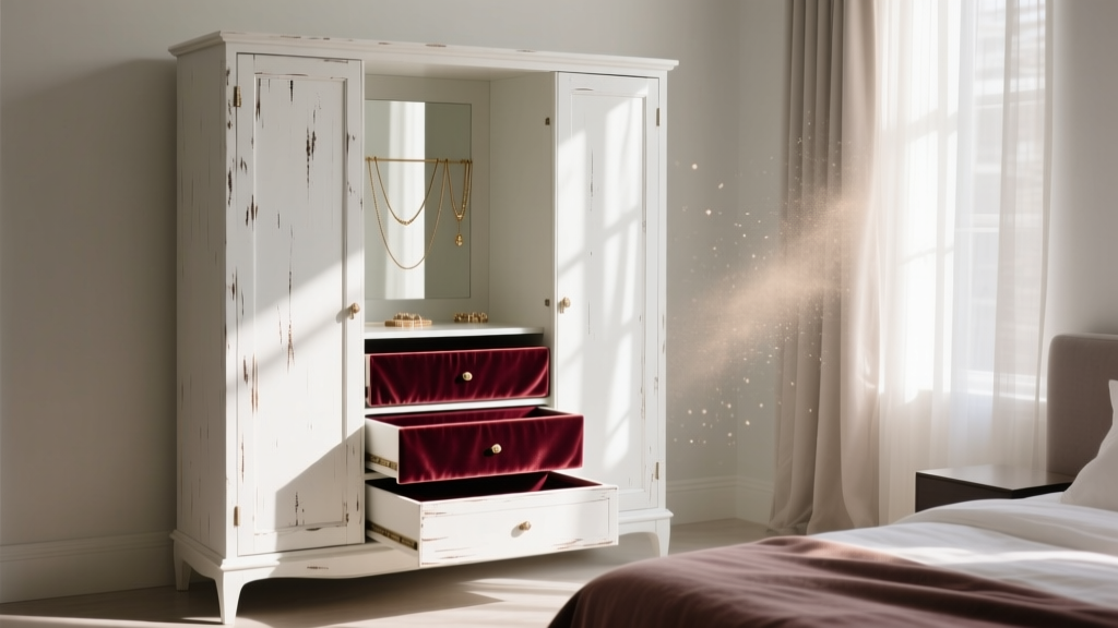 Elegant white painted jewelry armoire with distressed finish, open drawers revealing velvet lining, standing in a sunlit bedroom.