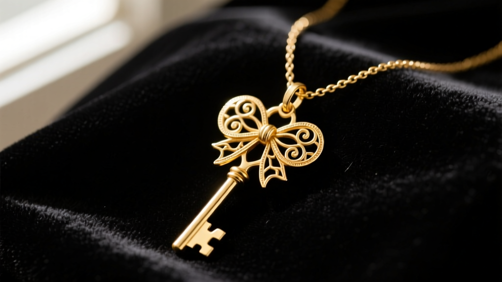 Close-up of a vintage 14k gold key necklace pendant resting on dark velvet, highlighting intricate filigree details on the bow