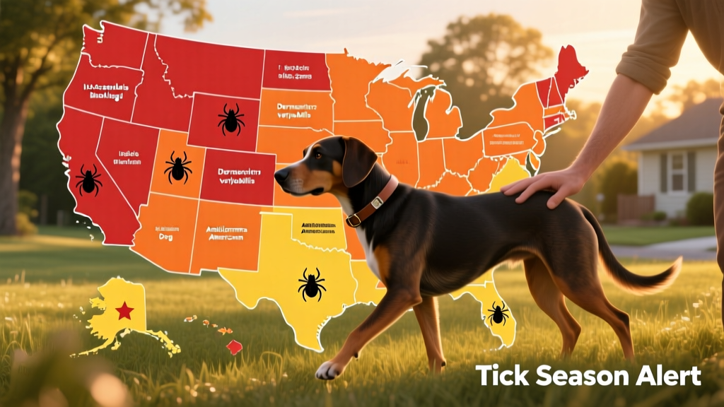Map of the United States highlighting high-risk tick zones by region and species