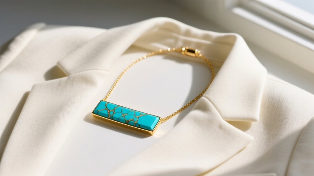 Flat lay of a 14k gold turquoise bar necklace on a cream linen blazer, soft window lighting highlighting the blue stone matrix