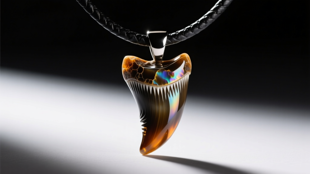 Macro photo of a polished fossilized shark tooth pendant on a thick black leather cord, dramatic studio lighting, sharp focus