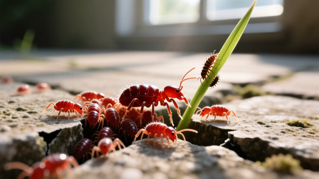 Macro photography of tiny red Balaustium concrete mites clustered in a sunlit patio crack next to a blade of grass harboring chiggers