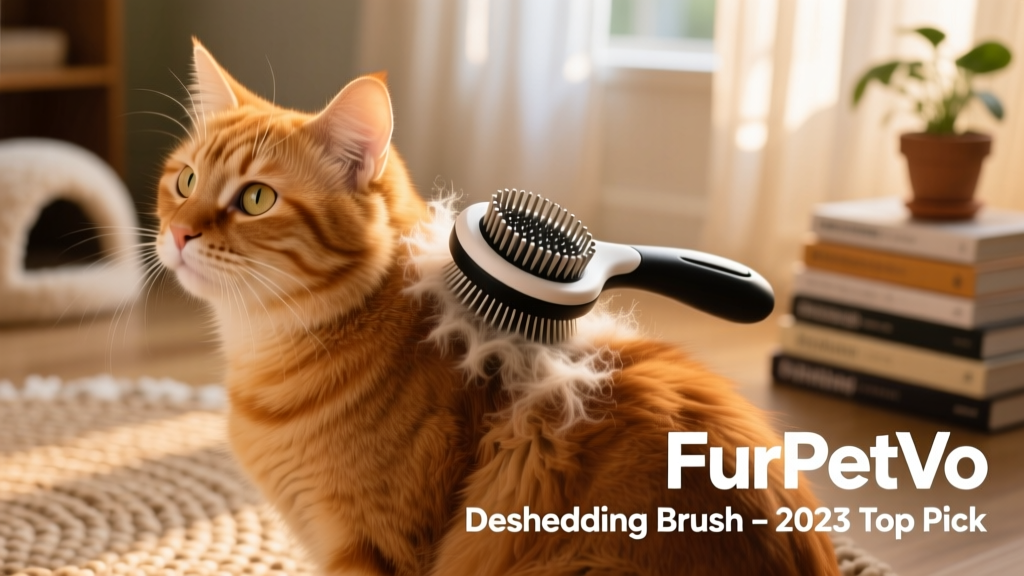 Close-up of the FurPetVo Deshedding Brush in action, lifting fluffy undercoat from a ginger cat’s shoulder