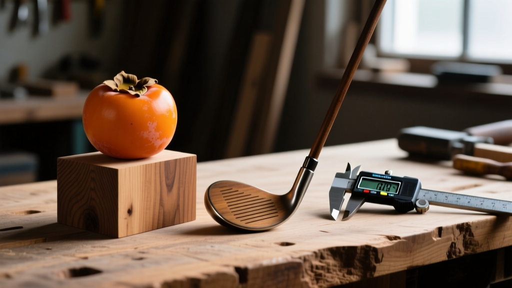 Raw American persimmon wood blocks and a classic wooden golf driver head on a workbench beside digital calipers and a moisture meter.