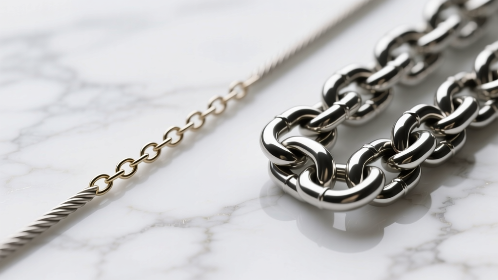 Side-by-side macro comparison of a delicate 0.8mm 18-gauge cable chain and a robust 4mm Cuban link chain resting on white marble.