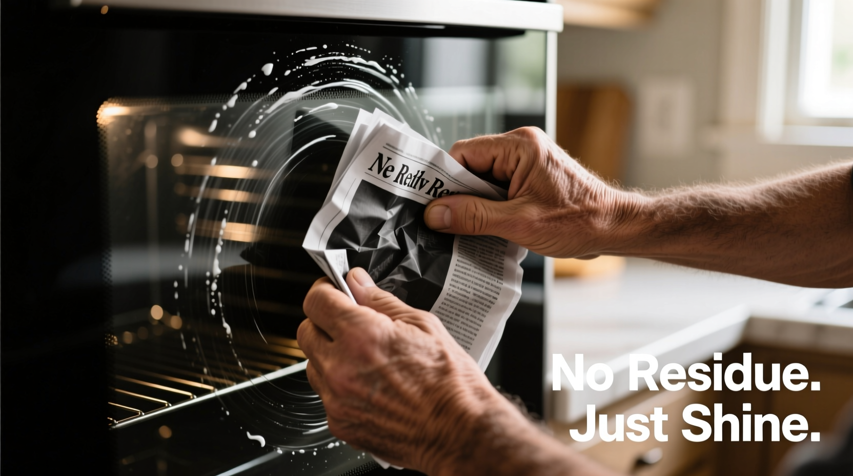 Close-up of hands using crumpled black-and-white newspaper to polish a clear, grease-free oven door glass, with visible circular motion and no reflections or haze