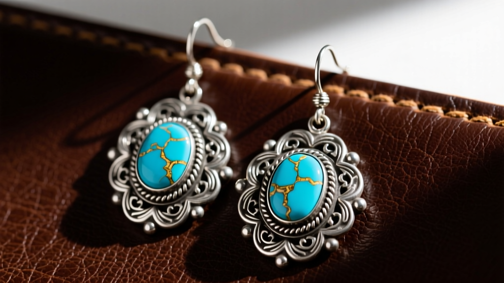 Close-up of vintage sterling silver concho dangle earrings featuring natural Kingman turquoise stones resting on dark leather.