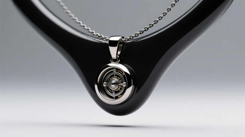 Close-up of a matte black ceramic magnetic necklace with a floating kinetic pendant, lit by soft directional studio lighting.