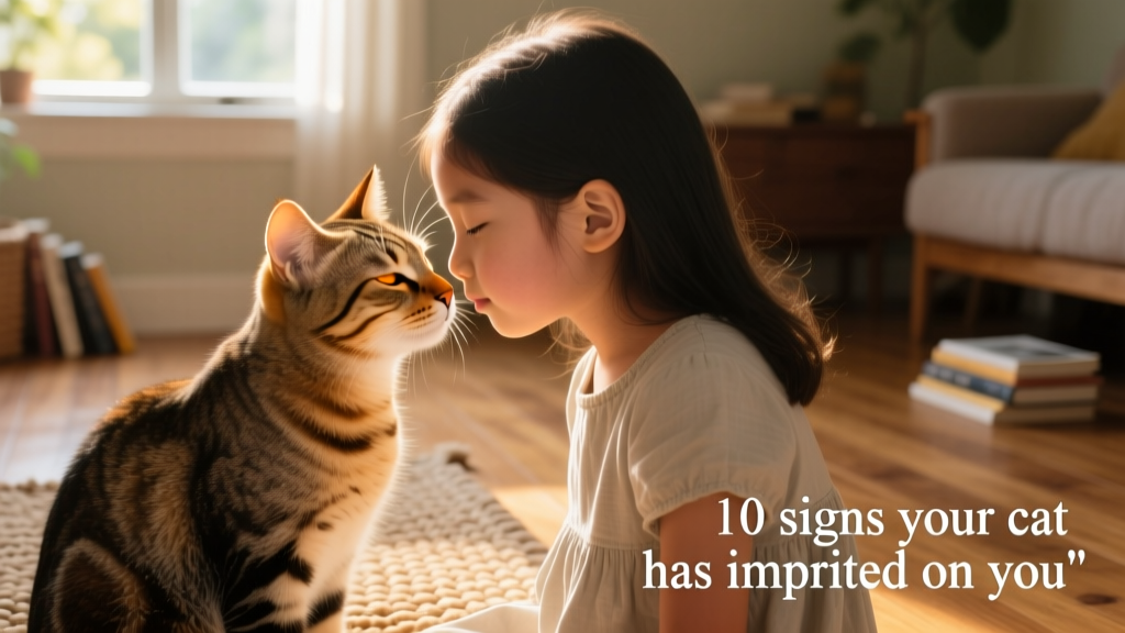 a gentle side-on moment of a tabby cat touching noses with a young girl, eyes half-closed in contentment
