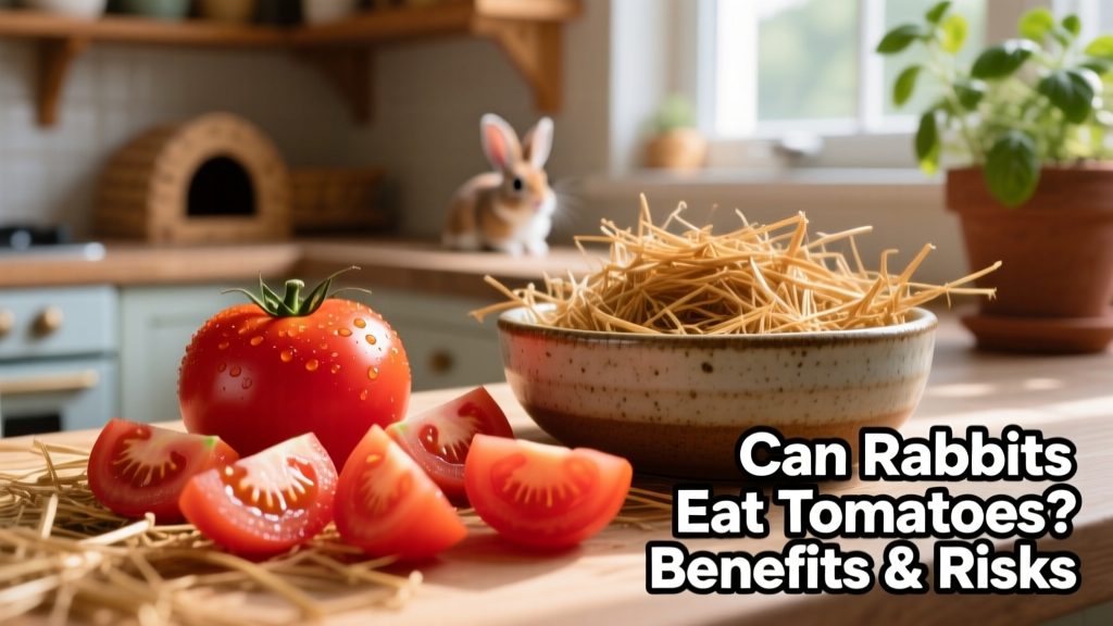 A fresh, ripe red tomato sliced into small pieces next to a bowl of timothy hay